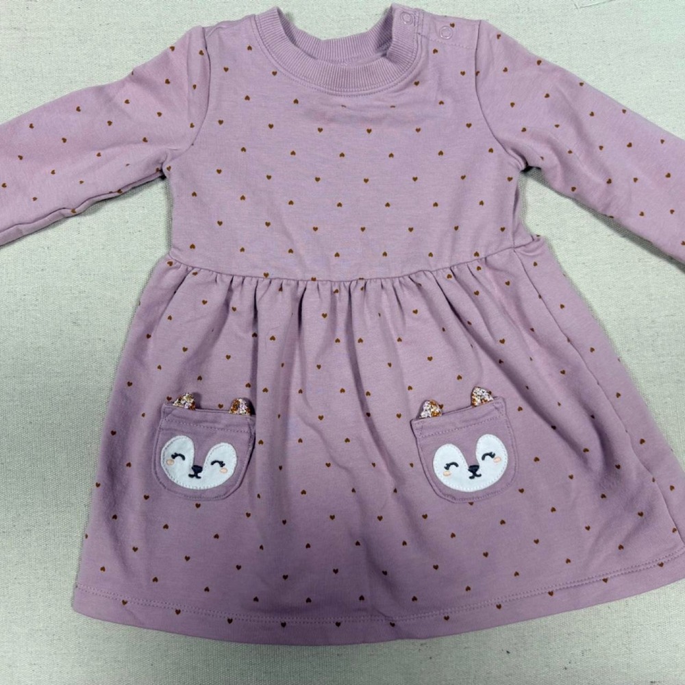 Carters Baby Girls 18M Purple Long Sleeve Dress Gold Heart Print Bear Pockets